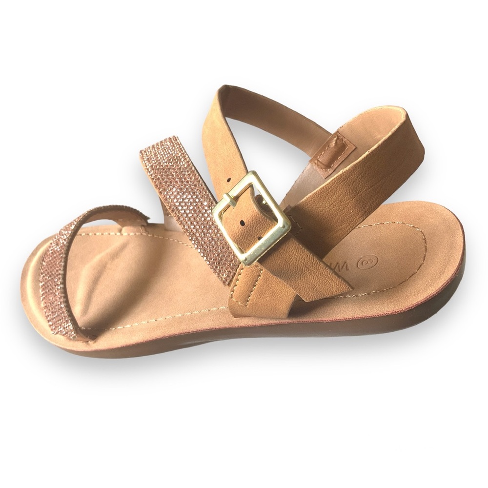 Vegan Leather Faux Rose Gold Rhinestone Detail Side Buckle Sandals - Picture 9 of 10